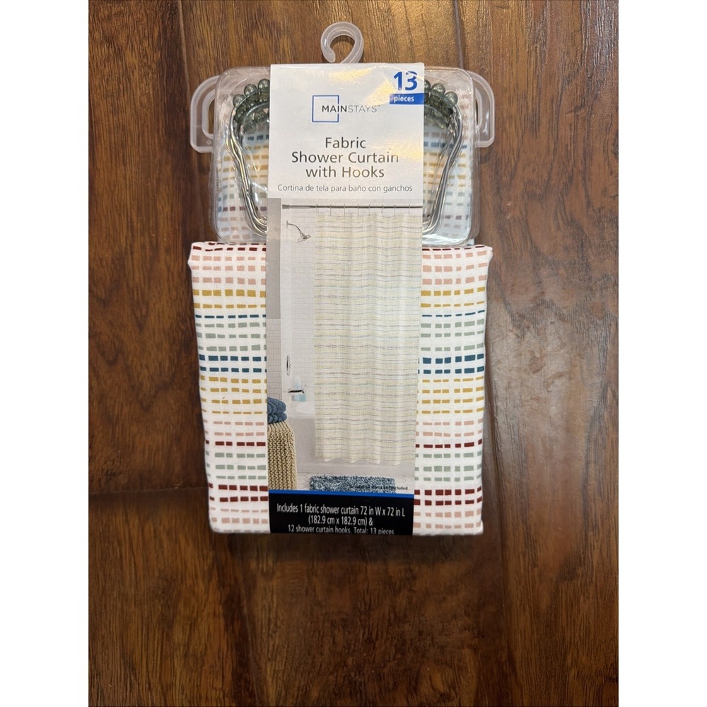 Mainstays Fabric Shower Curtain with Hooks Multi Stitching 72 x 72 in 13 Pieces